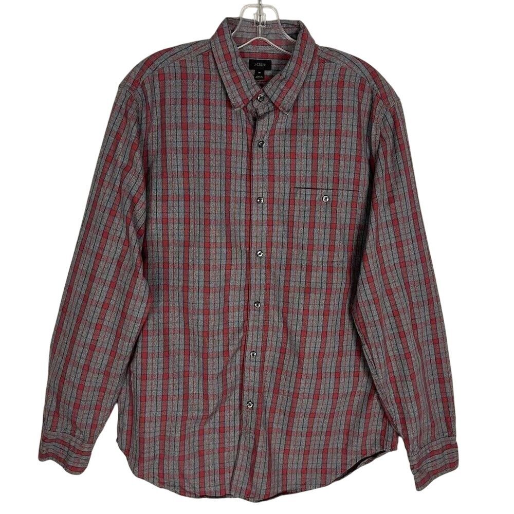 J.Crew Mens Shirt Size M Grey Red Plaid Long Sleeve‎ Button 100% Cotton